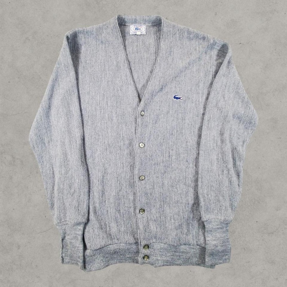 Vintage Izod Lacoste Cardigan Sweater Mens Large Gray Acrylic Preppy Alligator